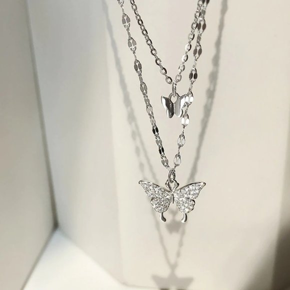 NEW Silver Gold Cute Double Layer Shiny Butterfly Necklace - Picture 6 of 6